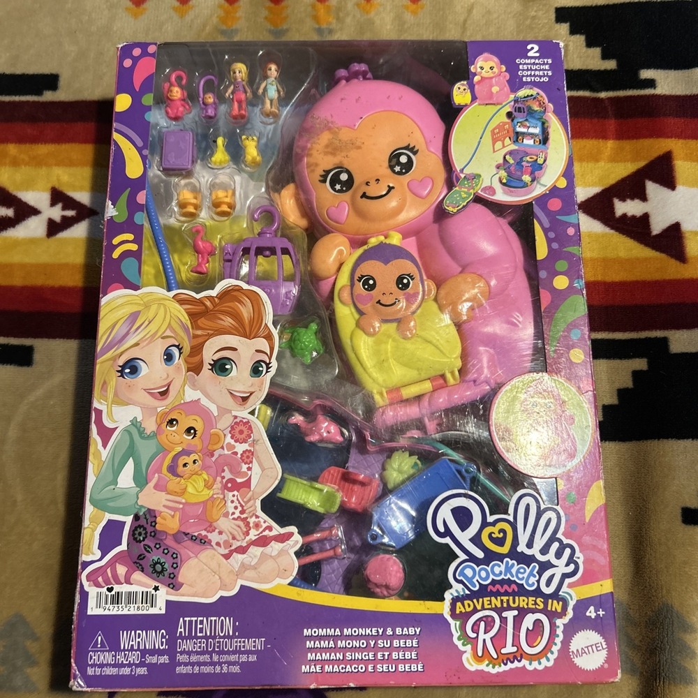 Polly Pocket Adventures In Rio Purse Momma Monkey & Baby Playset 2 Micro Doll